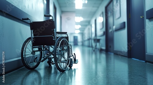 Empty wheelchair parked in hospital photo