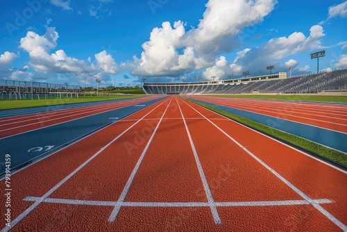 A track field with a blue sky in the background. The track is lined with white lines and is empty