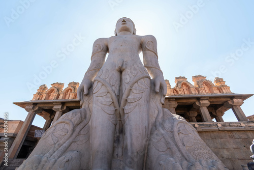  The ancient statue of Gommateshwara Bahubali on top of the VIndhagiri hill in Sravanabelagola. photo