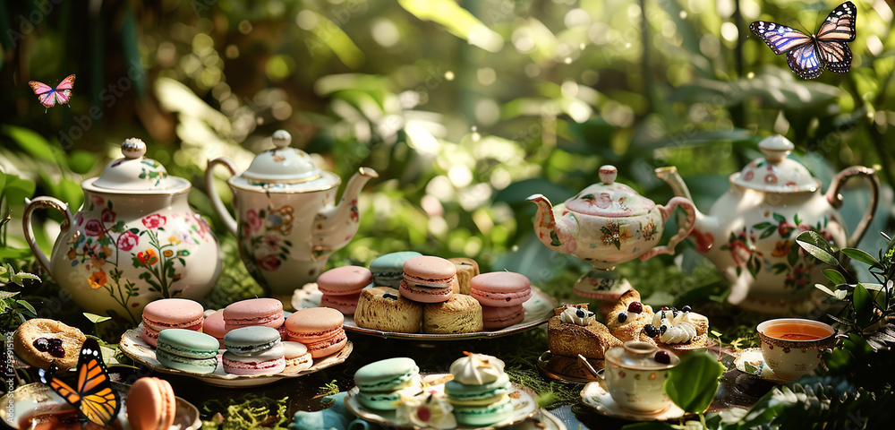 An elegant tea party table set in a lush garden, , scones with clotted cream and jam, and a selection of teas in ornate teapots, with butterflies fluttering nearby. 32k, full ultra hd, high resolution