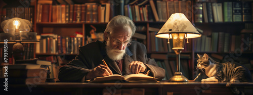 An old man accompanied by a cat, engrossed in studying vintage books, in the light of a vintage lamp, surrounded by the whispers of forgotten tales in a cherished library. photo