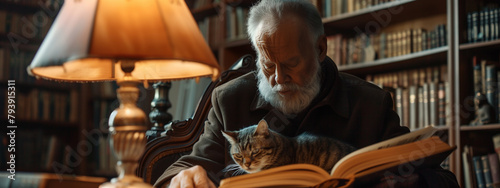 An old man accompanied by a cat, engrossed in studying vintage books, in the light of a vintage lamp, surrounded by the whispers of forgotten tales in a cherished library.