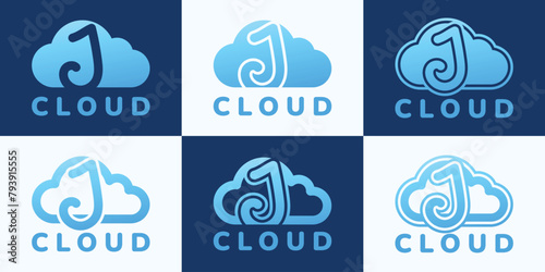 Set of letter J blue cloud logo. This logo combines letters and cloud shapes. Suitable for internet companies, apps, digital storage and the like.