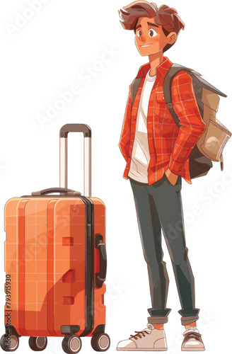 a young man in a shirt stands next to a suitcase on wheels, full-length, flat illustration, isolated on a white background