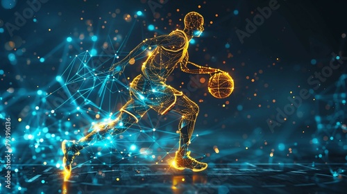 digital yellow Dynamic Low Poly Basketball Player, ai in sports analytics, player performance tracking systems, game strategy optimization algorithms, training regimens for basketball athletes. 