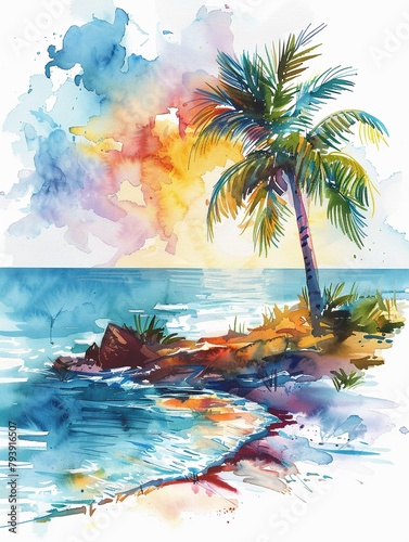 Vibrant watercolor, summer island with palm tree, sea backdrop against the sun, bright pastels, serene