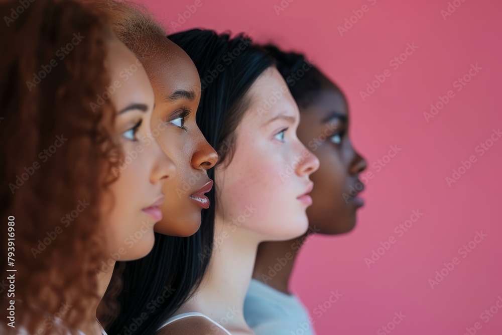 Profile view of young girls of different nationalities, ethnicities and skin colors, body care, multicultural young women, diversity and freedom and feminism concept Profile view of young girls of different nationalities, ethnicities and skin colors, body care, multicultural young women, diversity and freedom and feminism concept