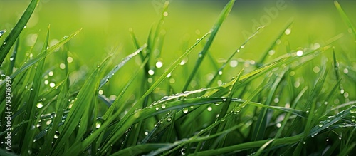 Closeup of grass field with dew drops, showing moisture on terrestrial plant