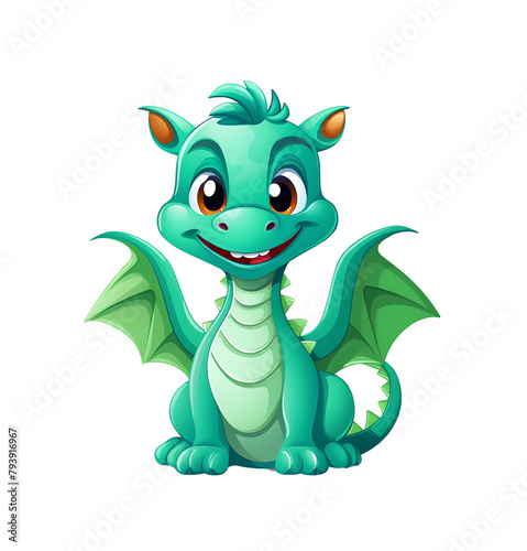 Playful cartoon dragon with green scales and a mischievous grin, sitting on the ground. Generative AI