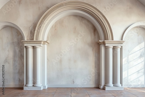Beige background with arch frame, Empty room with window, walls, floor and ceiling.