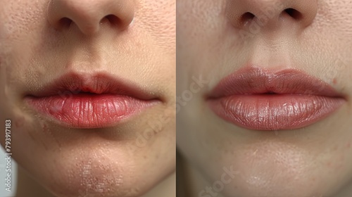 A close-up of a woman's lips before and after lip reduction surgery, showing the transformation from overly large to a more balanced appearance. photo