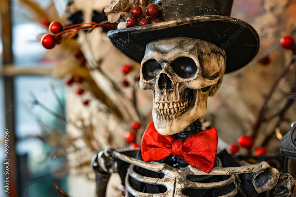 Skeleton wearing top hat and bow tie.
