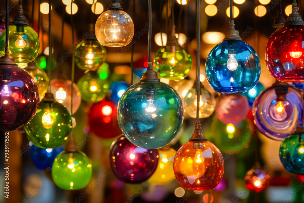 Colorful glass bulbs hanging from ceiling.