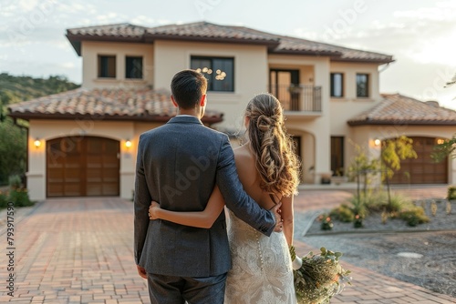 A man and woman are standing in front of a large house, holding hands and smiling. Scene is happy and romantic, as the couple is newly married and enjoying their first day together in their new home photo