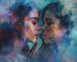 Intimate Embrace of Passionate Lovers in Colorful Ethereal Atmosphere