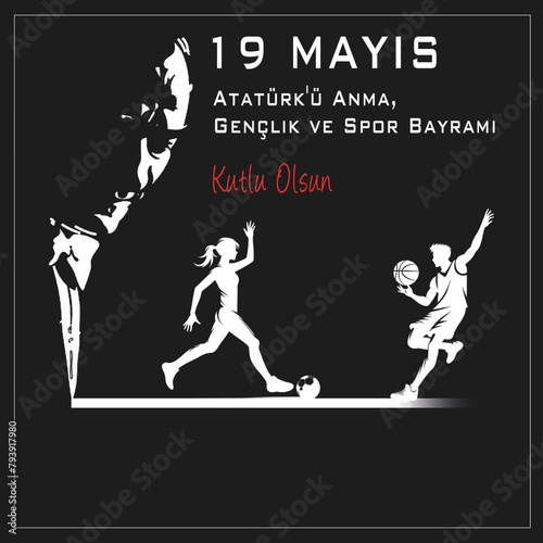 19 Mayis Ataturk'u Anma, Genclik ve Spor Bayrami or , commemorating Ataturk, Youth and Sports Day. It features a silhouette of Ataturk and dynamic images of athletes, symbolizing the energy