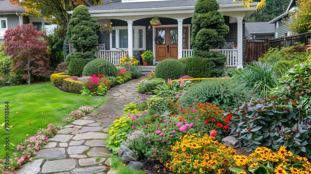 A cozy front yard garden with neatly trimmed bushes, colorful flower beds, and a welcoming pathway leading to the front door.