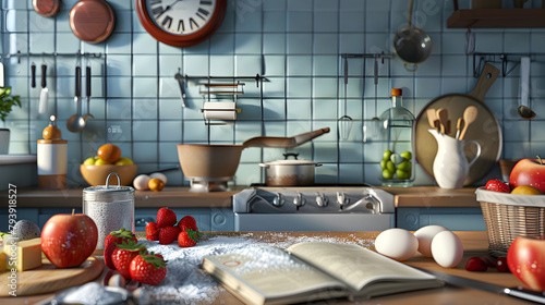 Real-Time Baking Recipe: Mix of Fresh Ingredients and Step-by-Step Cooking Process on the Kitchen Counter photo