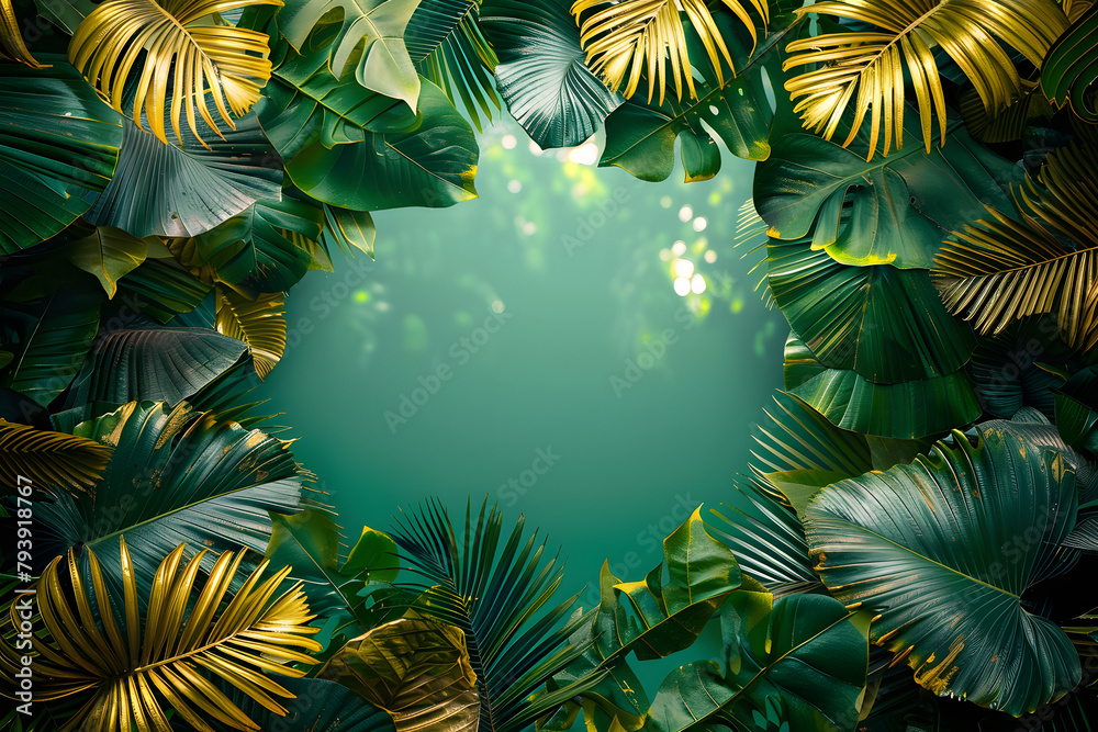 Naklejka premium green background framed by green and gold tropical leaves with empty space in the center