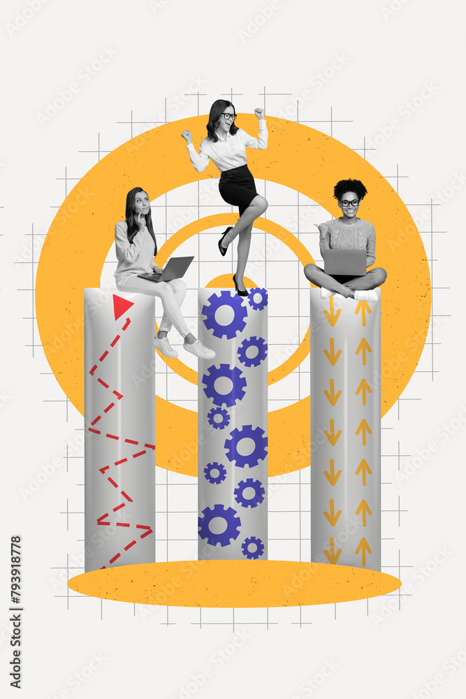 Fototapeta premium Trend artwork photo collage of silhouette young three person business woman stand on cogwheel platform colleagues sit wor laptop remote