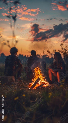 A group of happy people are sharing smiles around a campfire, enjoying the leisure of travel. The sky is clear, adding to the fun atmosphere of this recreation event in the beautiful landscape