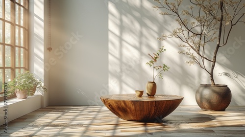 3d render of a minimalist room with a large round wooden table, a vase, and a potted plant. There is a large window and a tree with white blossoms outside. The room is lit by sunlight. photo