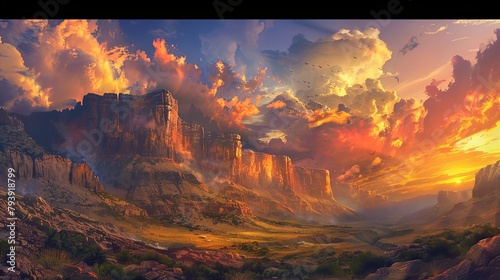 A dramatic sunset painting the sky with vibrant hues of orange and pink behind towering cliffs, casting a golden glow over the rugged landscape.