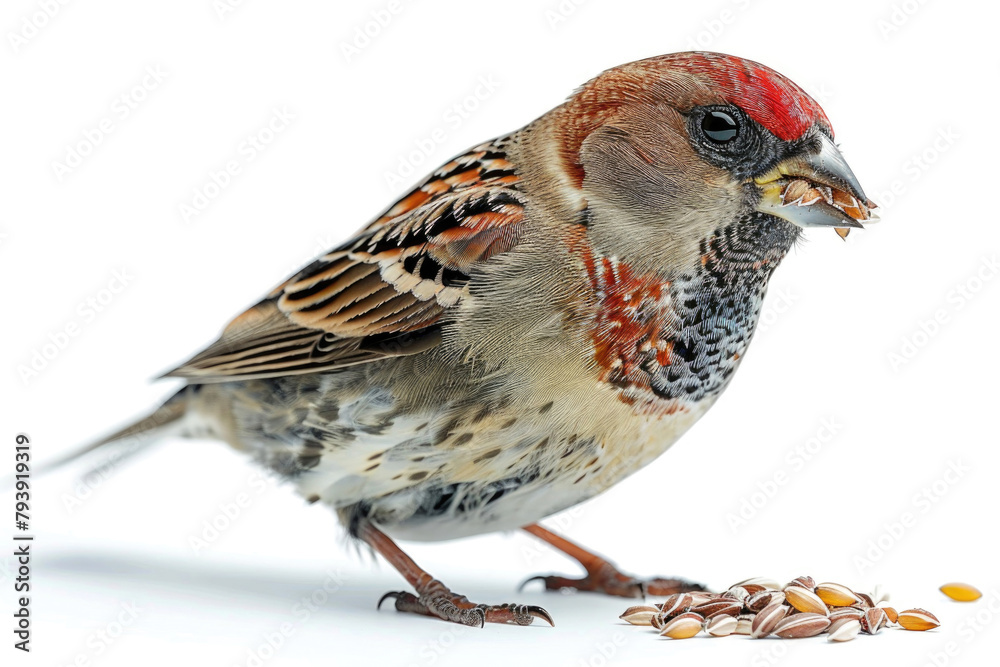 A finch feeds, beak full of seeds