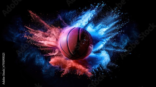 basketball in explosion of colored neon powder isolated on black background. Concept of energy, power, motion