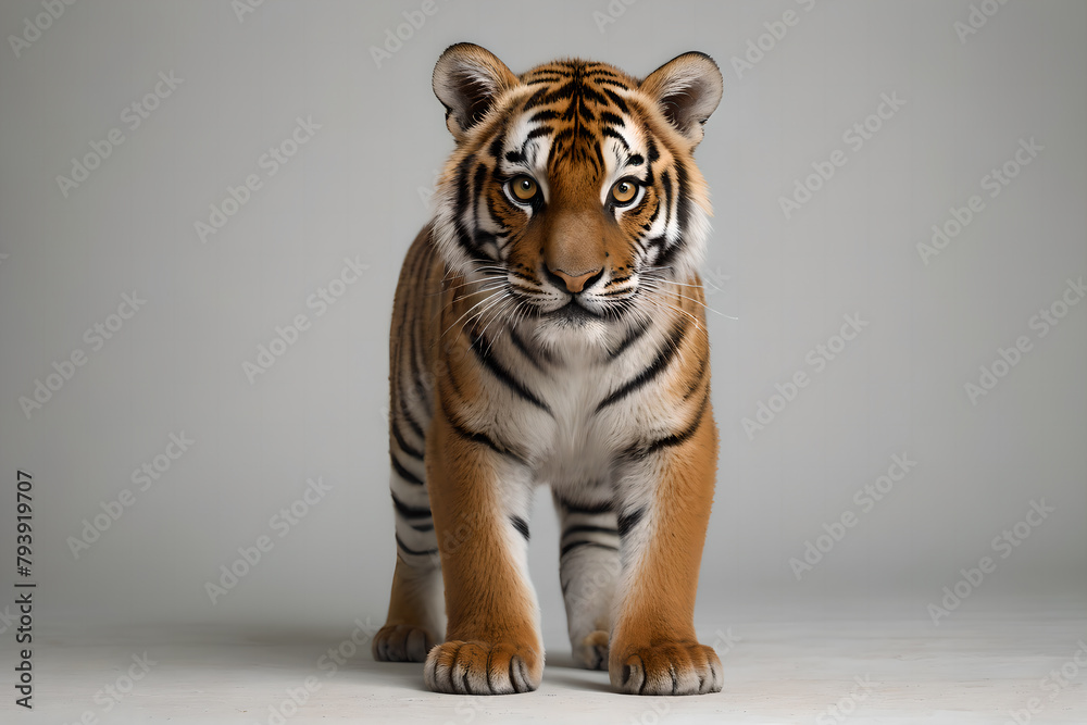 Obraz premium A baby tiger standing in front of a camera.
