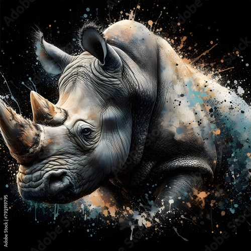 A detailed watercolor painting of a rhinoceros with colorful paint splatters around it