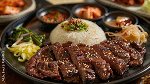 A mouthwatering plate of tender Korean BBQ, served with an assortment of banchan side dishes and steamed rice,