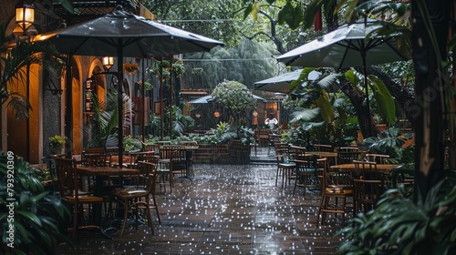 A peaceful garden cafe with covered seating areas, where guests sip coffee amidst lush greenery while raindrops fall softly around them.