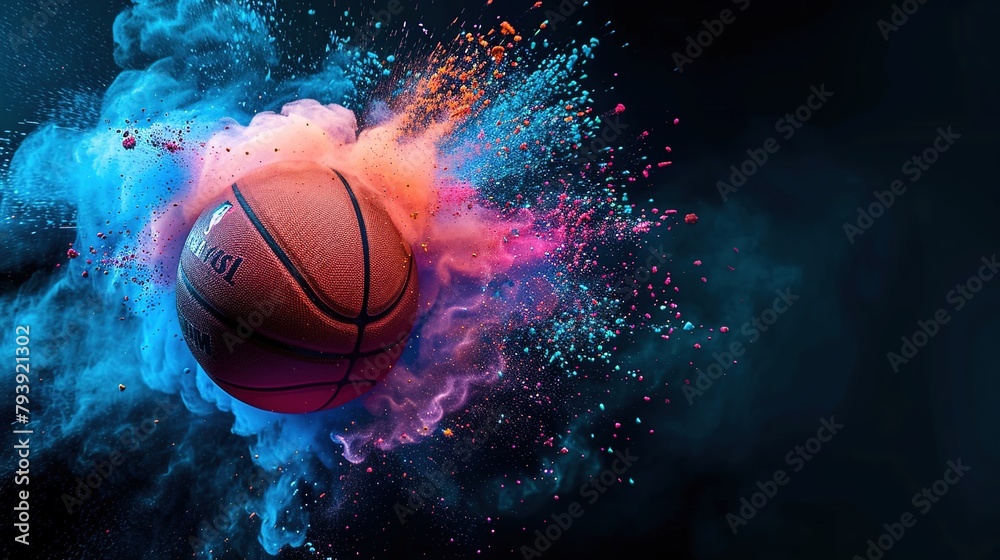 basketball in explosion of colored neon powder isolated on black background. Concept of energy, power, motion