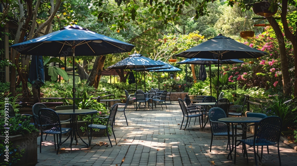 A serene outdoor patio at a cafe, with tables and chairs arranged under umbrellas, providing a tranquil setting for customers to enjoy their coffee al fresco.