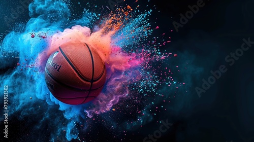 basketball in explosion of colored neon powder isolated on black background. Concept of energy, power, motion © Boraryn