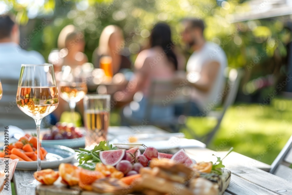 Close up of a wine glass with a group of friends enjoying a relaxed summer garden party in the background, featuring fresh fruits and snacks on a sunny day. Close up of a wine glass with a group of friends enjoying a relaxed summer garden party in the background, featuring fresh fruits and snacks on a sunny day.