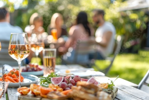 Close up of a wine glass with a group of friends enjoying a relaxed summer garden party in the background  featuring fresh fruits and snacks on a sunny day.