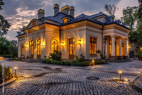 A classic house in soft gold, with a cobblestone driveway and elegant outdoor lighting.