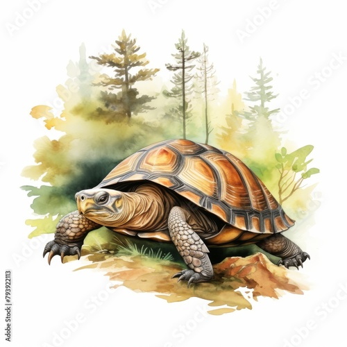 A watercolor painting of a tortoise with a yellow belly and brown shell walking through a forest. photo