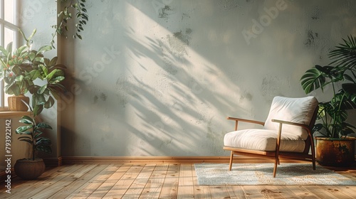 An empty room with a chair in the center. There are plants in the background and sunlight is shining through the window. photo