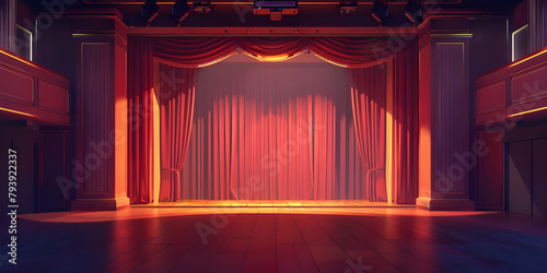 Cinematic Ambiance: Empty Movie Theatre with Stage Curtains Background, Theatrical Setting: Empty Stage and Movie Theatre with Curtains Background - Ai Generated