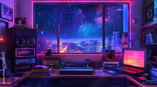 a mesmerizing image of a colorful study lo-fi desk, illuminated by soft, atmospheric hip-hop lights that dance across the room like twinkling stars.