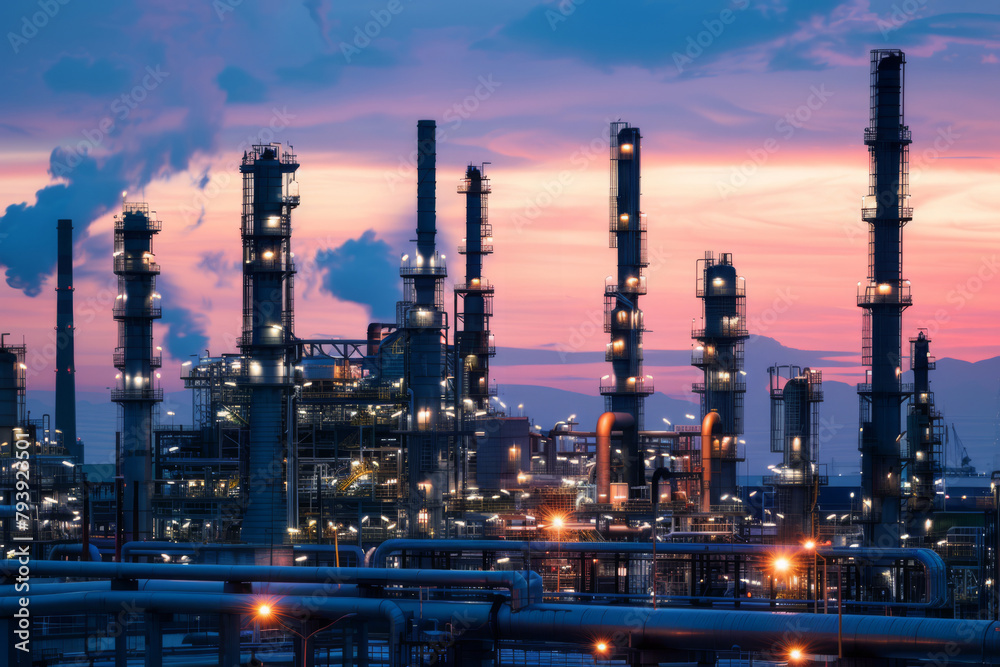 A modern black oil refinery against the twilight sky. Industrial oil refinery with illuminated structures