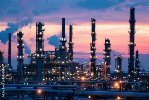 A modern black oil refinery against the twilight sky. Industrial oil refinery with illuminated structures