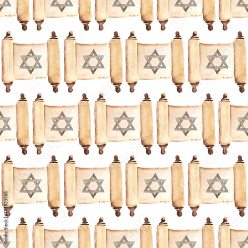 Old paper scroll with David's star. Jewish ceremony pattern illustrated in watercolor.