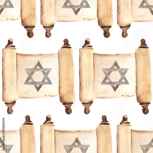 Old paper scroll with David's star. Jewish ceremony pattern illustrated in watercolor.