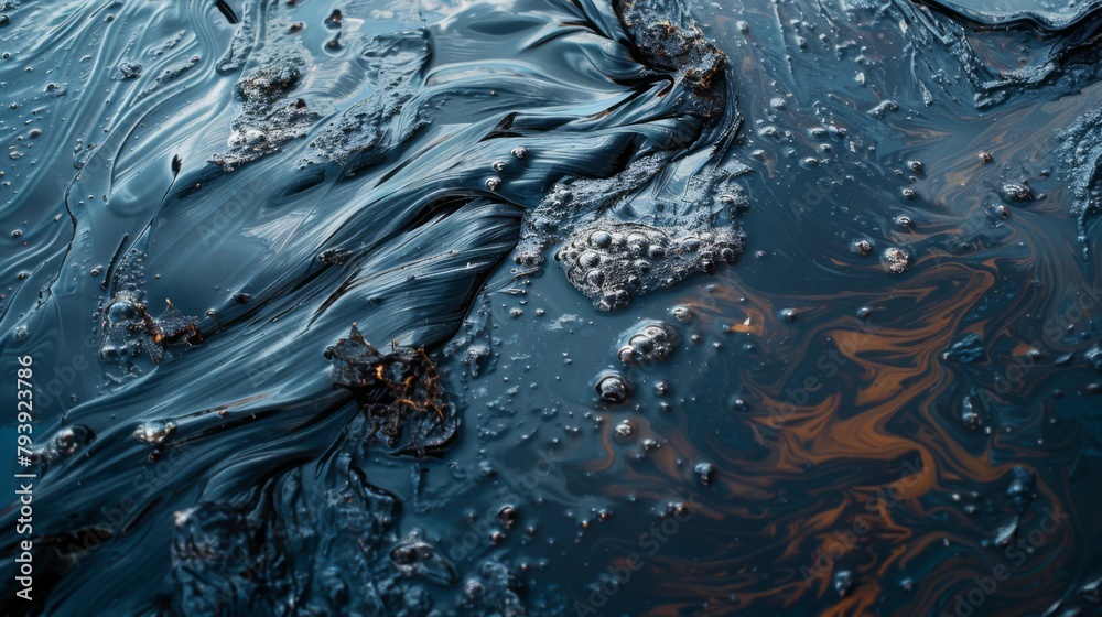 Black oil spill, environmental disaster, industrial pollution. A close-up view of a viscous black oil spill, showcasing the texture and sheen Black oil spill, environmental disaster, industrial pollution. A close-up view of a viscous black oil spill, showcasing the texture and sheen