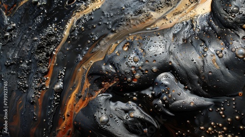 Black oil spill, environmental disaster, industrial pollution. A close-up view of a viscous black oil spill, showcasing the texture and sheen