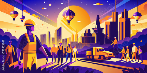 Colorful Illustration of Construction Workers at Sunset in Urban Landscape